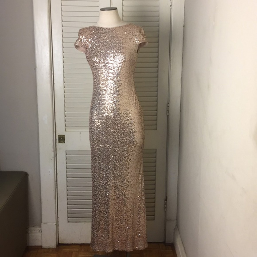 Badgley Mischka Rose Gold Sequin Cowl Back Gown 6